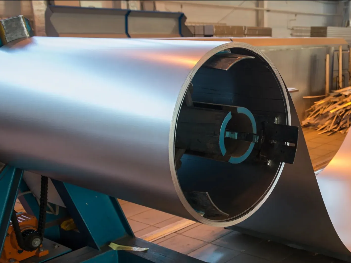 A steel coil being coated on a coil coating line